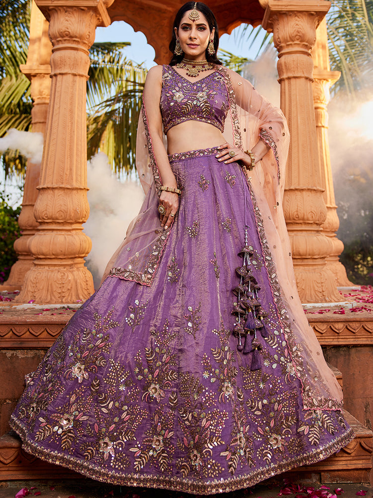 Purple Pure Tissue Semi-Stitched Lehenga Choli Set with Zarkan ClothsVilla