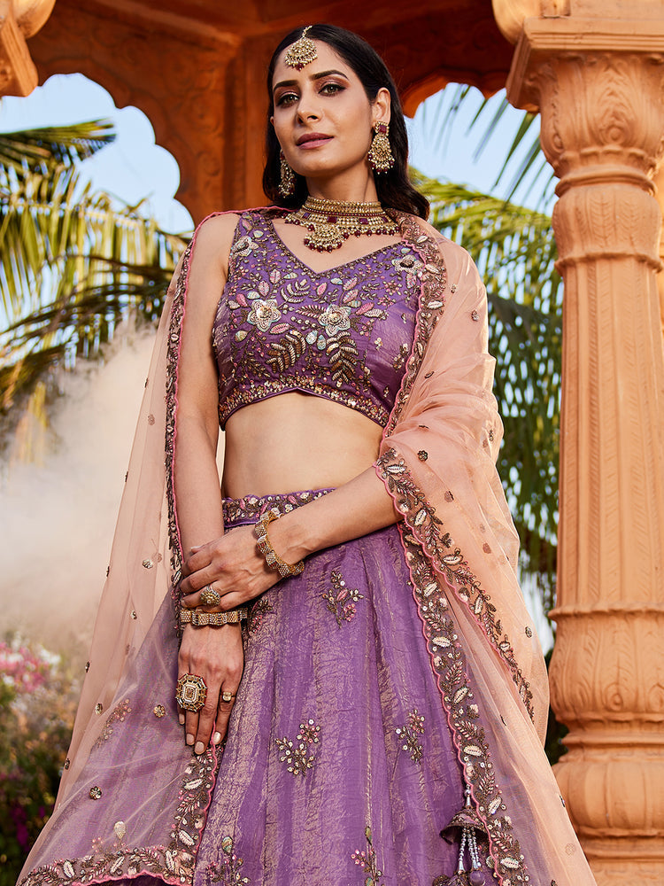 Purple Pure Tissue Semi-Stitched Lehenga Choli Set with Zarkan ClothsVilla