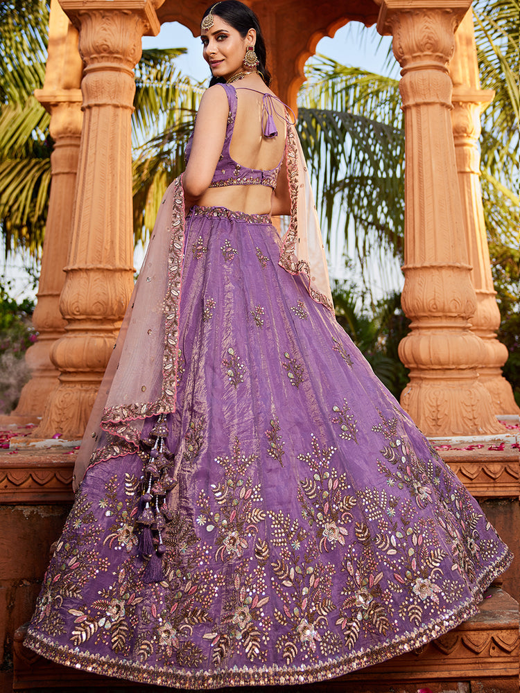 Purple Pure Tissue Semi-Stitched Lehenga Choli Set with Zarkan ClothsVilla