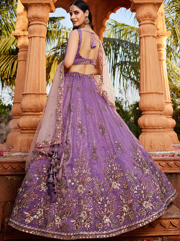 Purple Pure Tissue Semi-Stitched Lehenga Choli Set with Zarkan ClothsVilla
