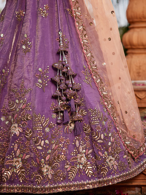 Purple Pure Tissue Semi-Stitched Lehenga Choli Set with Zarkan ClothsVilla