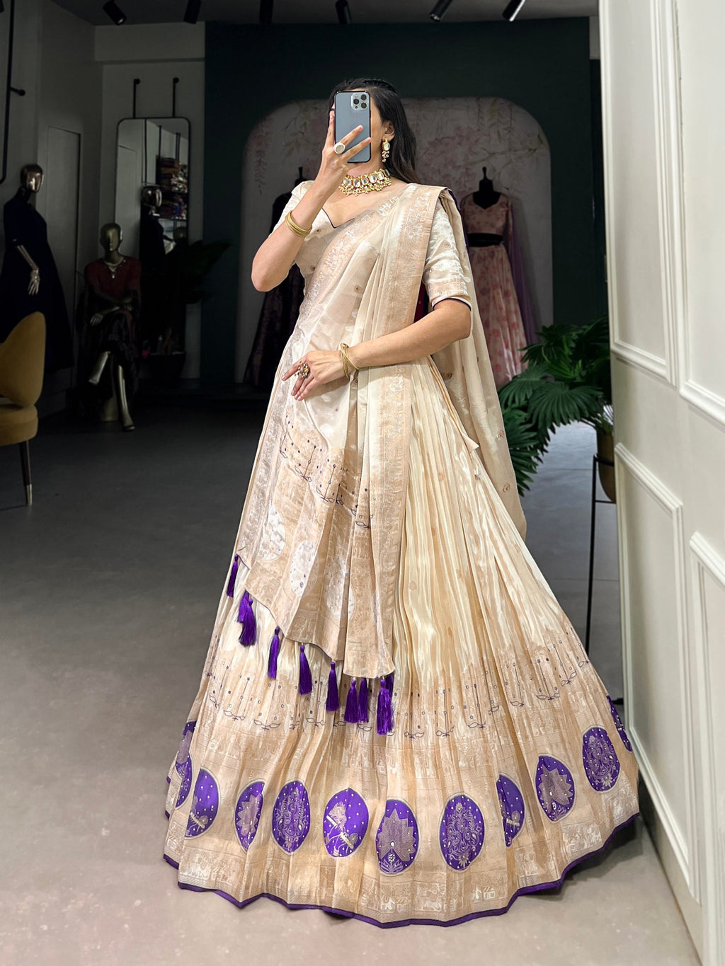 Purple Radiant Shimmer Mirror & Beads Handwork Lehenga Set ClothsVilla