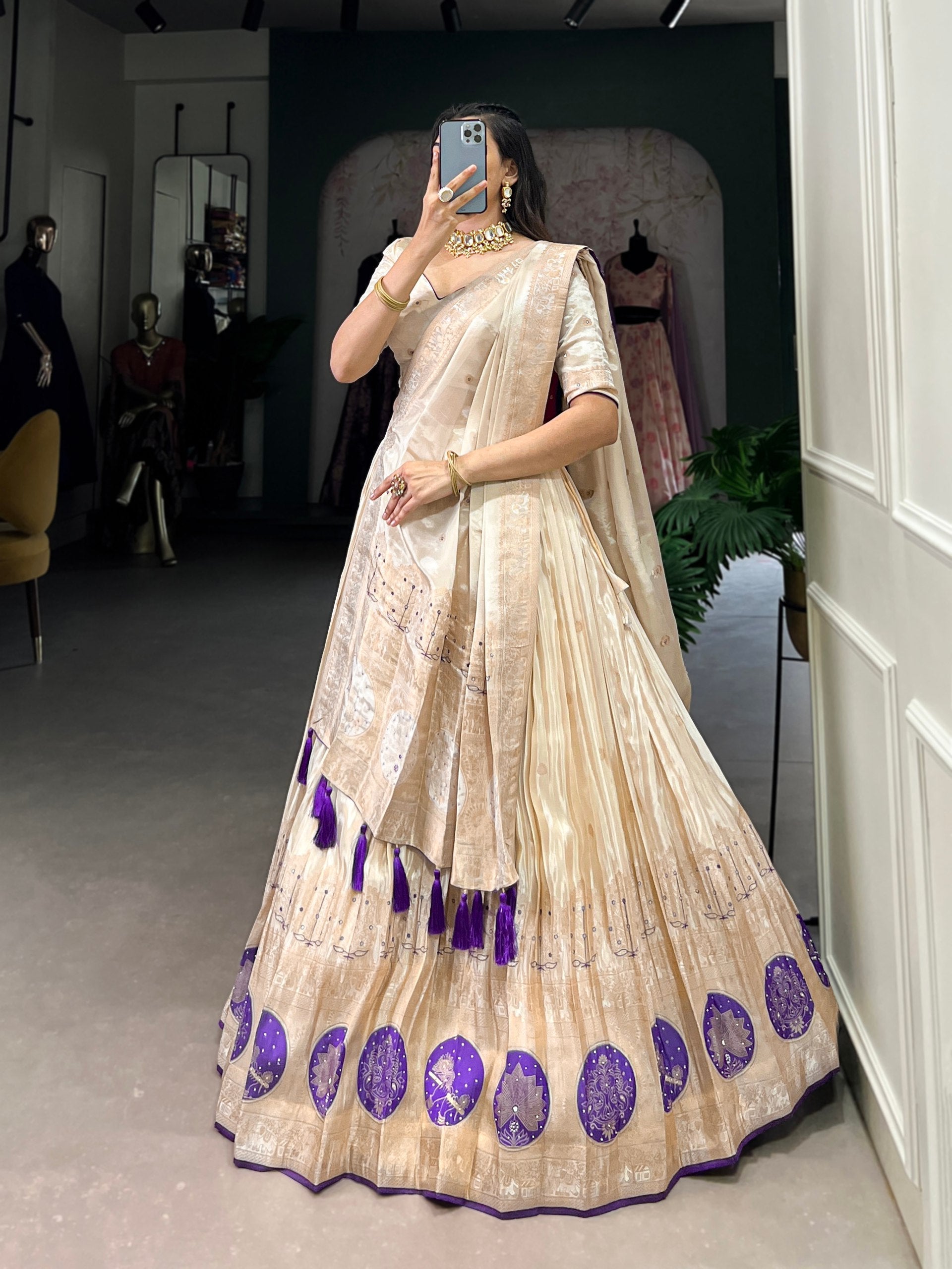 Purple Radiant Shimmer Mirror & Beads Handwork Lehenga Set ClothsVilla