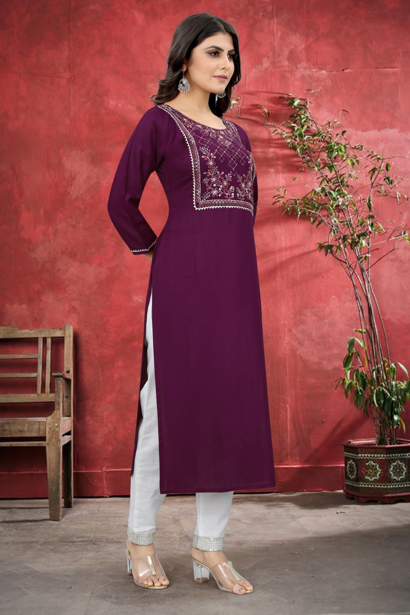 Purple Rayon Kurta Set With Pant ClothsVilla