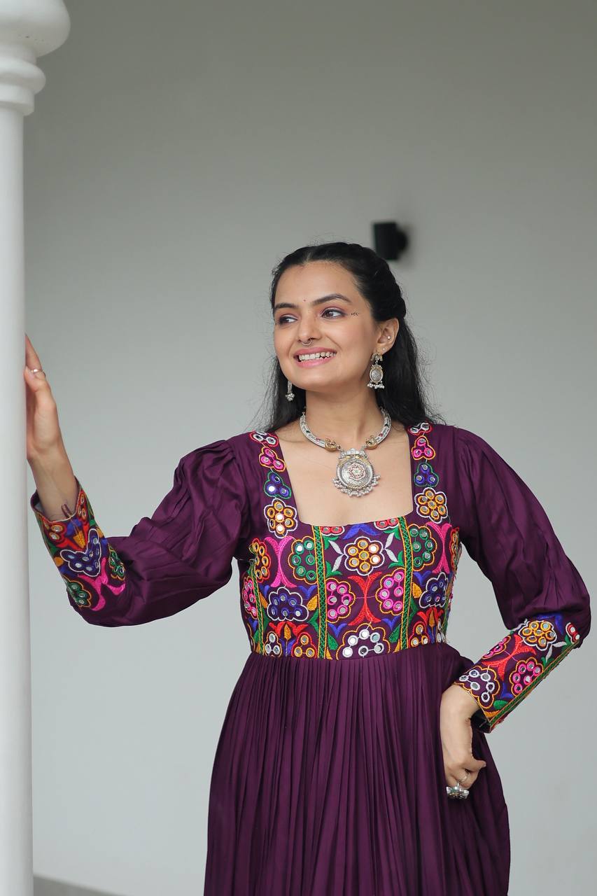 Purple Rayon Kutchi Gamthi Work Gown with 3-Layer Frill & 12 Meter Flair ClothsVilla