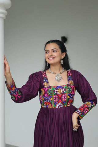 Purple Rayon Kutchi Gamthi Work Gown with 3-Layer Frill & 12 Meter Flair ClothsVilla