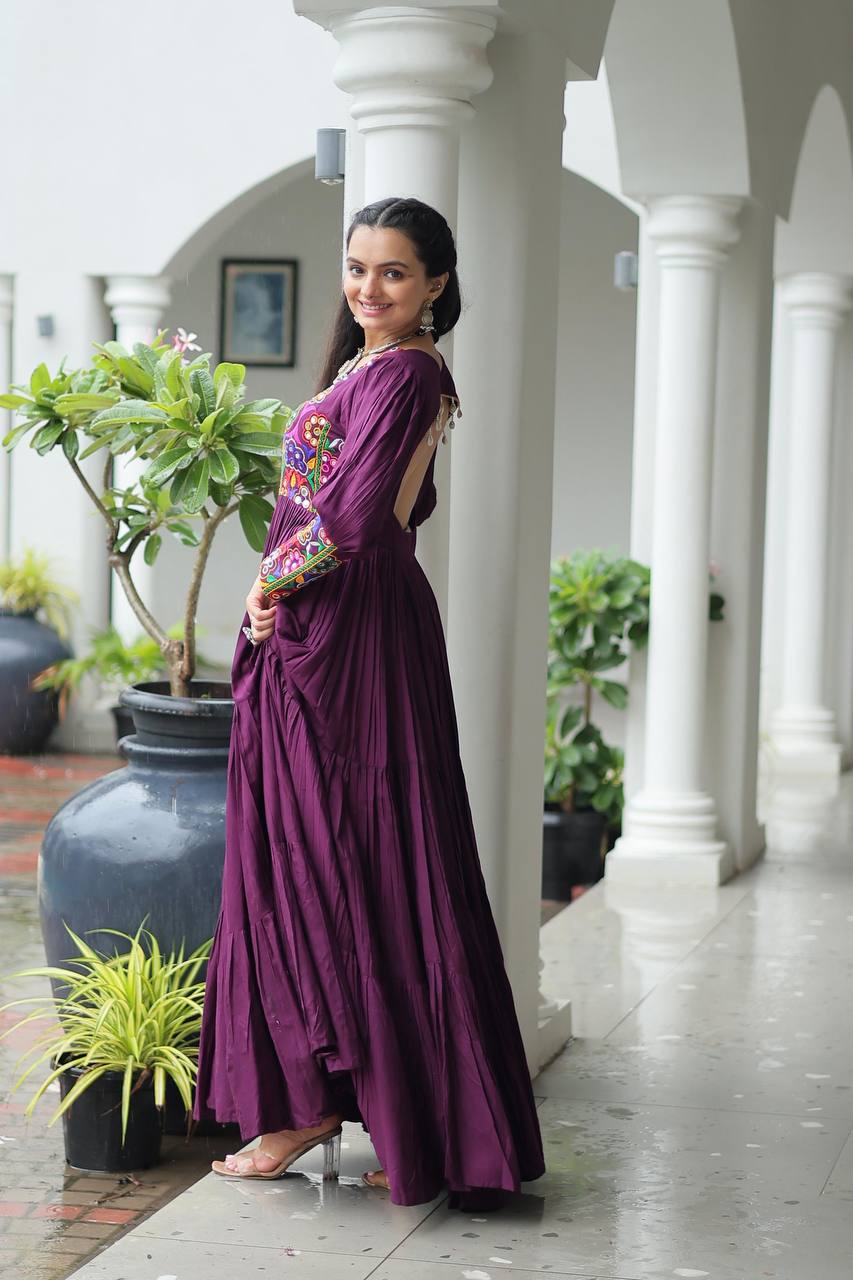 Purple Rayon Kutchi Gamthi Work Gown with 3-Layer Frill & 12 Meter Flair ClothsVilla