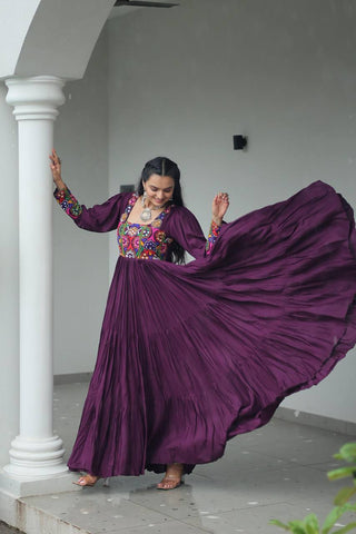 Purple Rayon Kutchi Gamthi Work Gown with 3-Layer Frill & 12 Meter Flair ClothsVilla