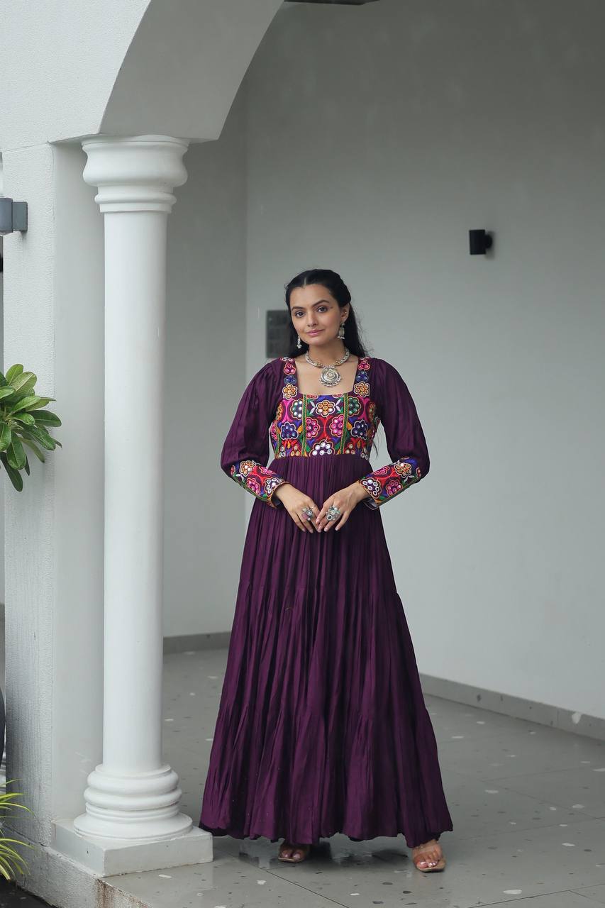 Purple Rayon Kutchi Gamthi Work Gown with 3-Layer Frill & 12 Meter Flair ClothsVilla