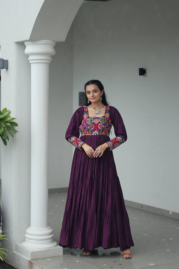Purple Rayon Kutchi Gamthi Work Gown with 3-Layer Frill & 12 Meter Flair ClothsVilla
