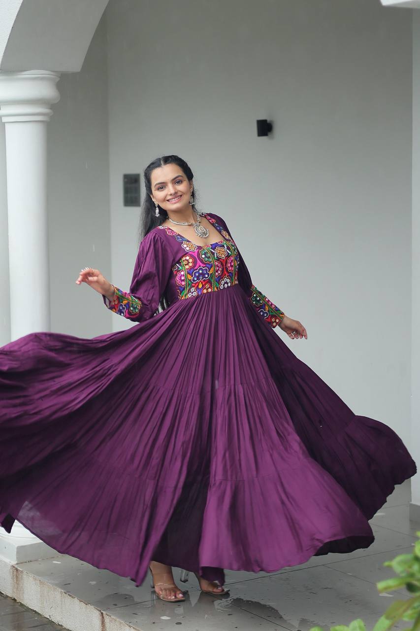 Purple Rayon Kutchi Gamthi Work Gown with 3-Layer Frill & 12 Meter Flair ClothsVilla