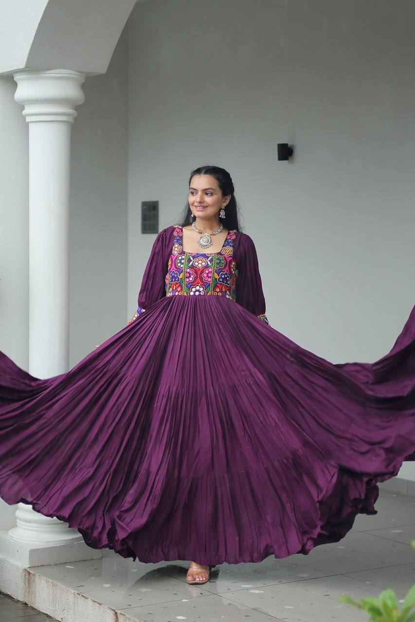 Purple Rayon Kutchi Gamthi Work Gown with 3-Layer Frill & 12 Meter Flair ClothsVilla