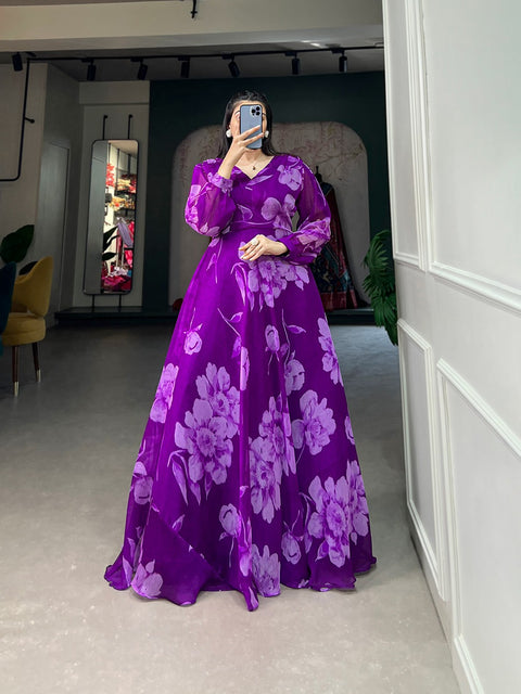 Purple Ready-to-Wear Chiffon Gown with Floral Print ClothsVilla Main image