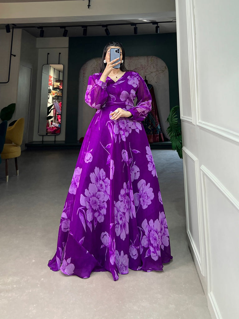 Purple Ready-to-Wear Chiffon Gown with Floral Print ClothsVilla