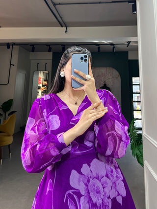 Purple Ready-to-Wear Chiffon Gown with Floral Print ClothsVilla