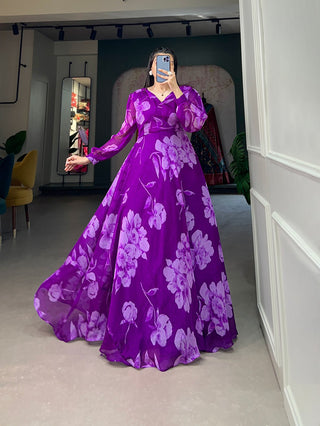 Purple Ready-to-Wear Chiffon Gown with Floral Print ClothsVilla