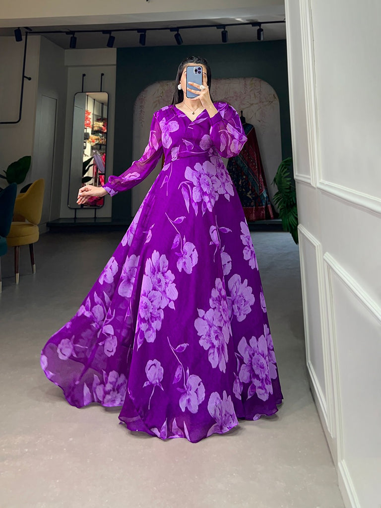 Purple Ready-to-Wear Chiffon Gown with Floral Print ClothsVilla