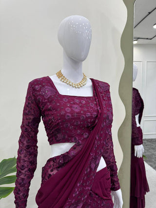 Purple Ready-to-Wear Ruffle Style Lehenga Saree in Faux Georgette with Thread & Sequin Work ClothsVilla
