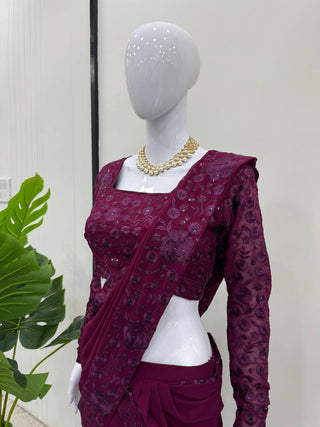 Purple Ready-to-Wear Ruffle Style Lehenga Saree in Faux Georgette with Thread & Sequin Work ClothsVilla