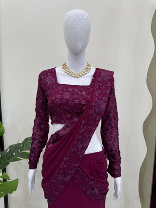 Purple Ready-to-Wear Ruffle Style Lehenga Saree in Faux Georgette with Thread & Sequin Work ClothsVilla