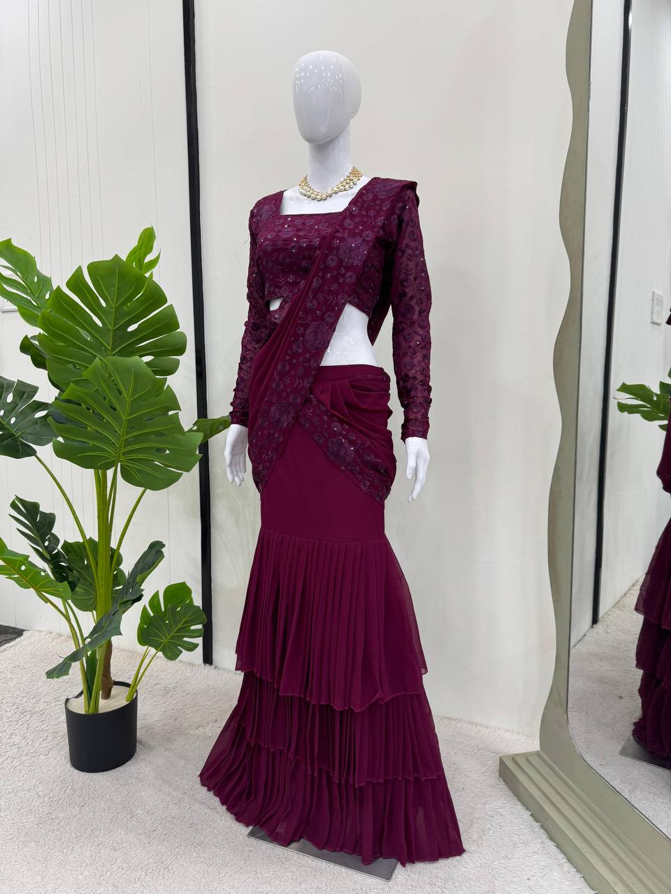 Purple Ready-to-Wear Ruffle Style Lehenga Saree in Faux Georgette with Thread & Sequin Work ClothsVilla