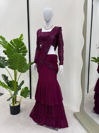 Purple Ready-to-Wear Ruffle Style Lehenga Saree in Faux Georgette with Thread & Sequin Work ClothsVilla