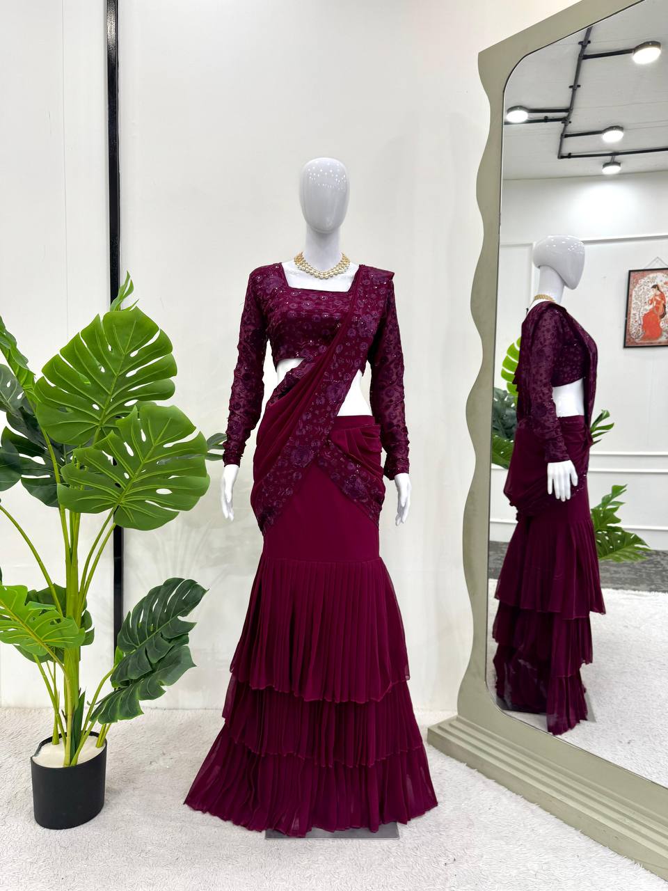 Purple Ready-to-Wear Ruffle Style Lehenga Saree in Faux Georgette with Thread & Sequin Work ClothsVilla