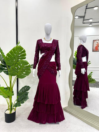 Purple Ready-to-Wear Ruffle Style Lehenga Saree in Faux Georgette with Thread & Sequin Work ClothsVilla