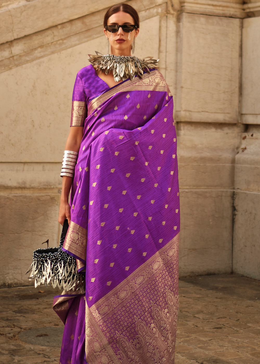 Purple Regal Banarasi Blended Silk Saree with Intricate Timeless Design & Unstitched Blouse ClothsVilla