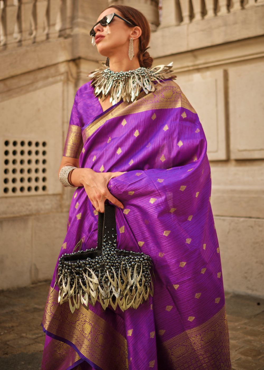 Purple Regal Banarasi Blended Silk Saree with Intricate Timeless Design & Unstitched Blouse ClothsVilla