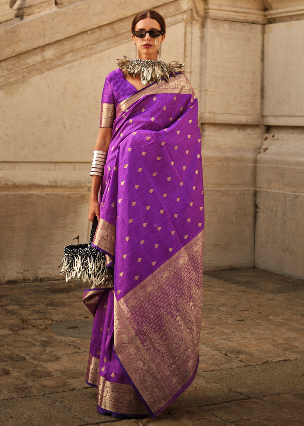Purple Regal Banarasi Blended Silk Saree with Intricate Timeless Design & Unstitched Blouse Secondary image