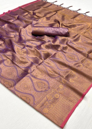 Purple Regal Banarasi Silk Saree with Gold & Silver Zari Brocade Work ClothsVilla