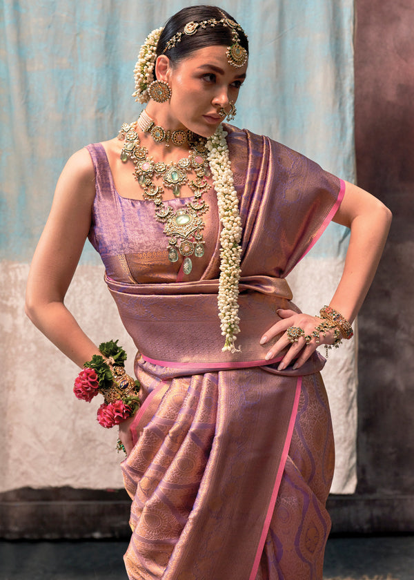Purple Regal Banarasi Silk Saree with Gold & Silver Zari Brocade Work ClothsVilla