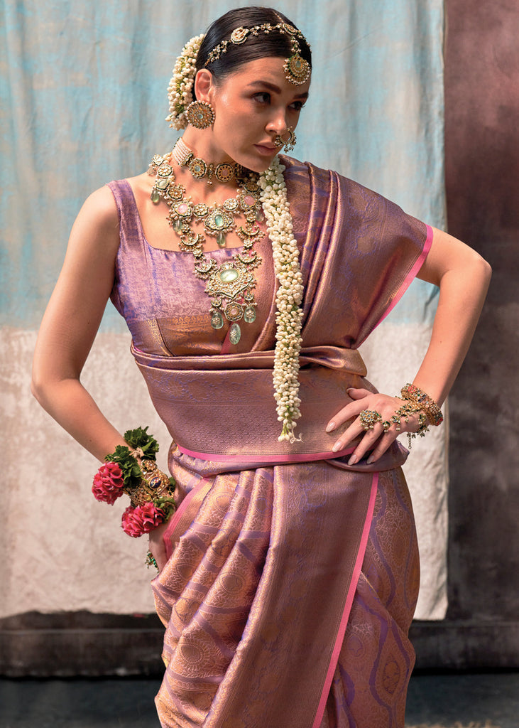 Purple Regal Banarasi Silk Saree with Gold & Silver Zari Brocade Work ClothsVilla