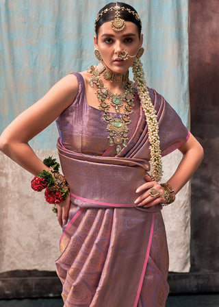 Purple Regal Banarasi Silk Saree with Gold & Silver Zari Brocade Work ClothsVilla