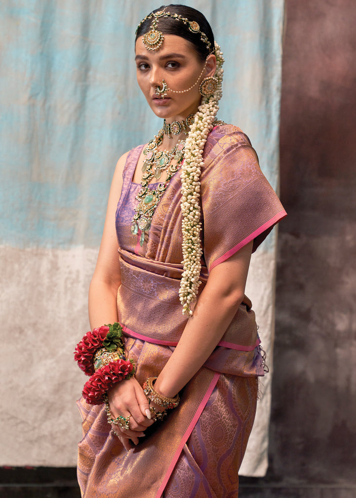 Purple Regal Banarasi Silk Saree with Gold & Silver Zari Brocade Work ClothsVilla