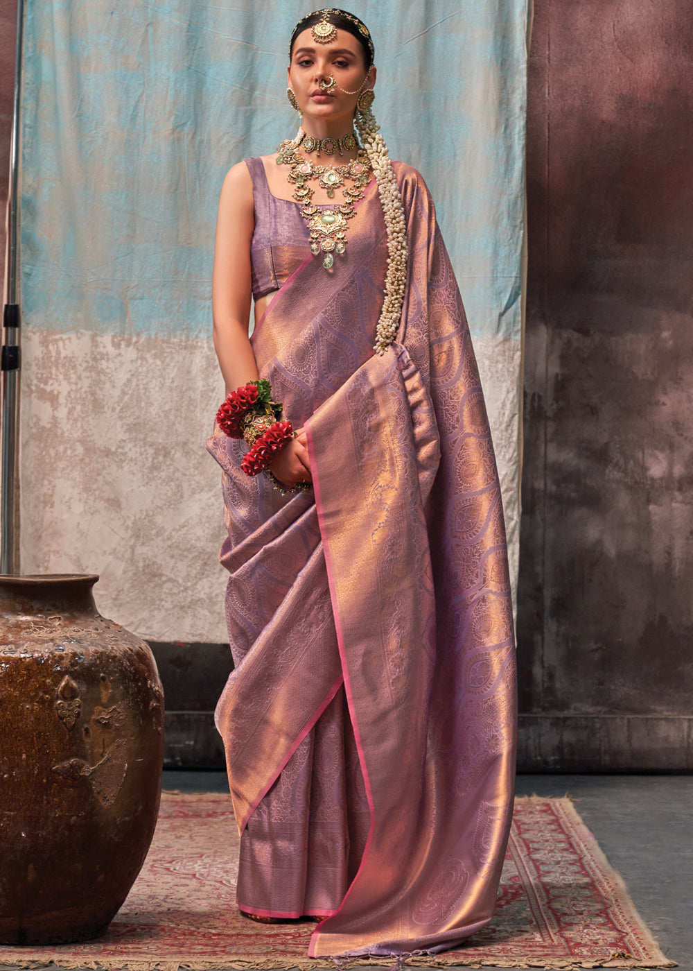 Purple Regal Banarasi Silk Saree with Gold & Silver Zari Brocade Work ClothsVilla