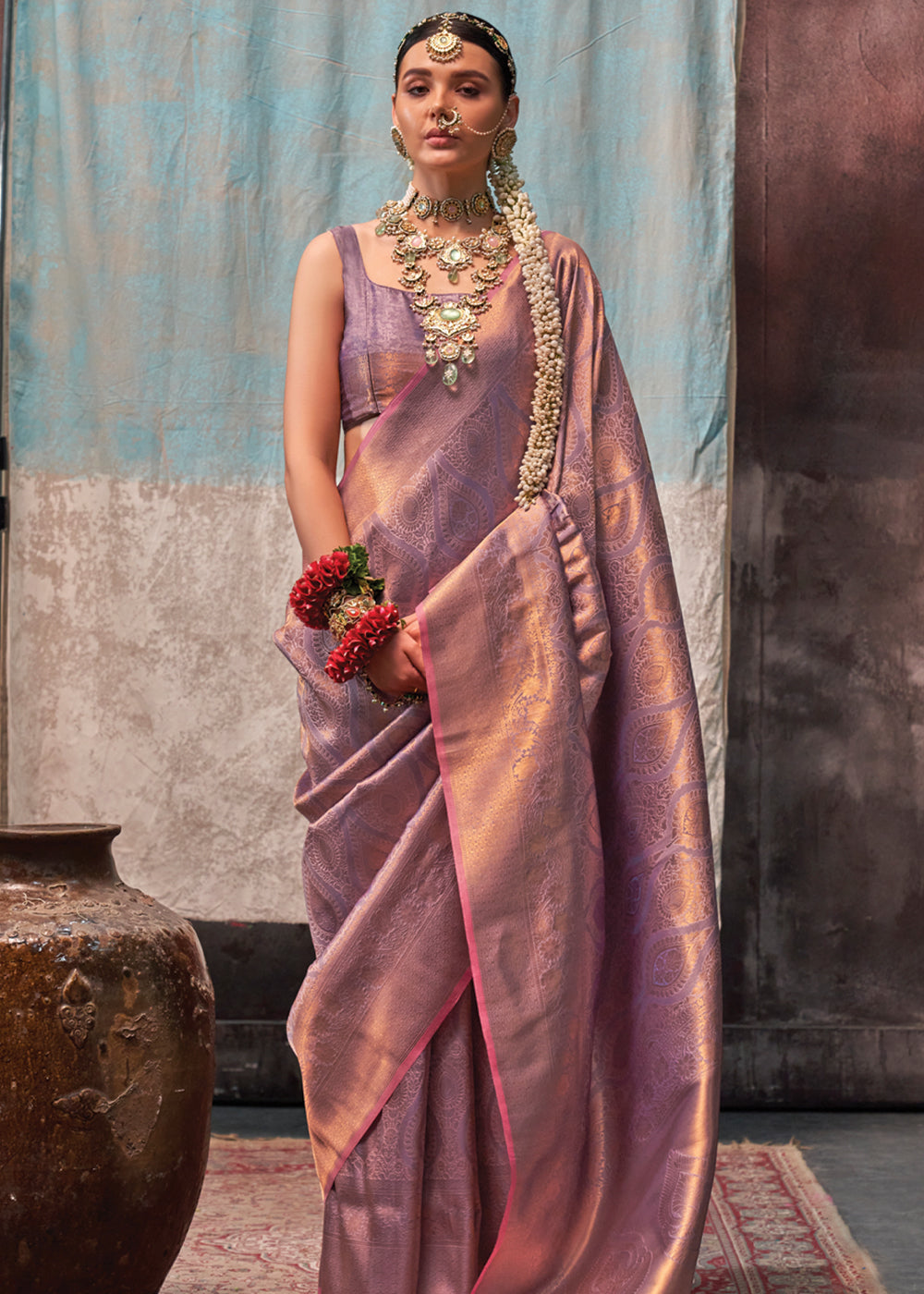 Purple Regal Banarasi Silk Saree with Gold & Silver Zari Brocade Work ClothsVilla Main image