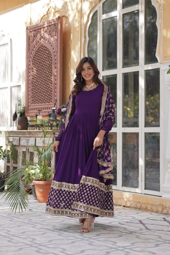 Purple Regal Bloom – Embroidered Zari Sequins Gown Set ClothsVilla