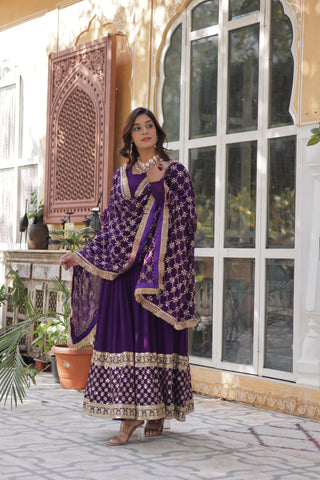 Purple Regal Bloom – Embroidered Zari Sequins Gown Set ClothsVilla