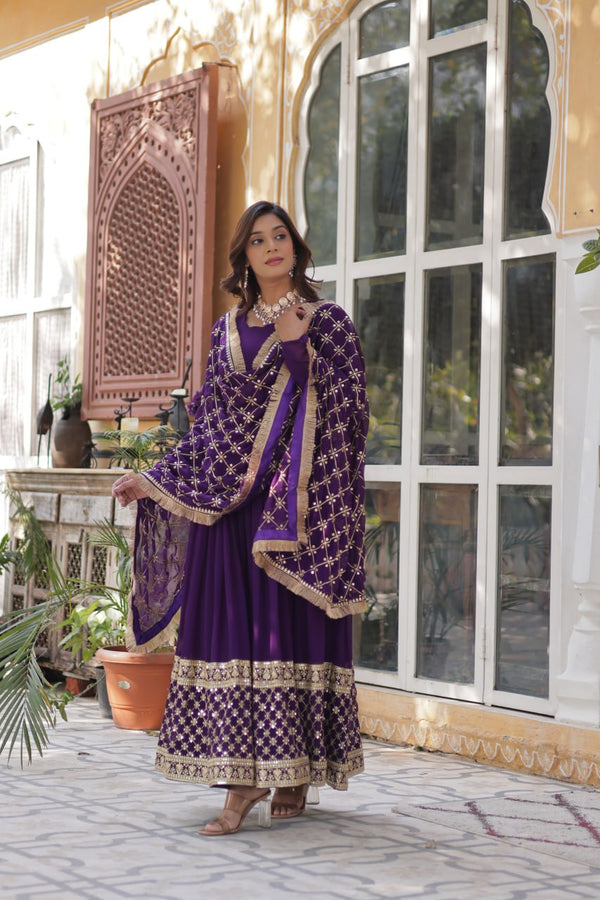 Purple Regal Bloom – Embroidered Zari Sequins Gown Set ClothsVilla