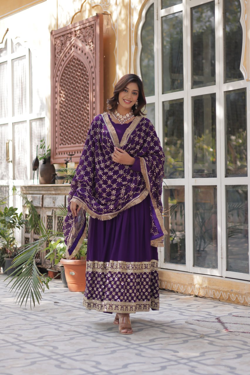 Purple Regal Bloom – Embroidered Zari Sequins Gown Set ClothsVilla