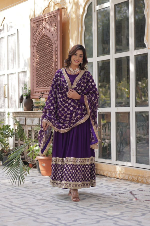 Purple Regal Bloom – Embroidered Zari Sequins Gown Set ClothsVilla