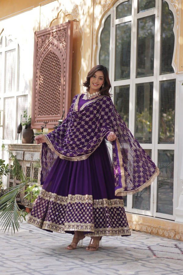 Purple Regal Bloom – Embroidered Zari Sequins Gown Set ClothsVilla