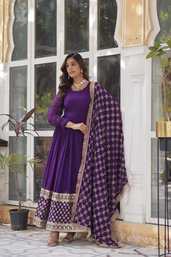 Purple Regal Bloom – Embroidered Zari Sequins Gown Set ClothsVilla