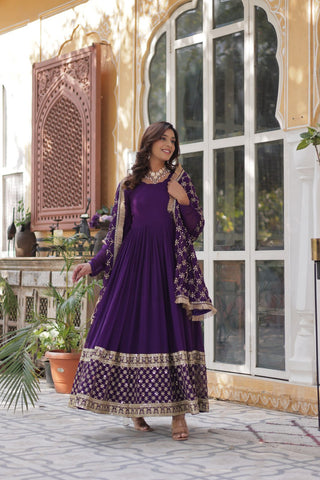 Purple Regal Bloom – Embroidered Zari Sequins Gown Set ClothsVilla