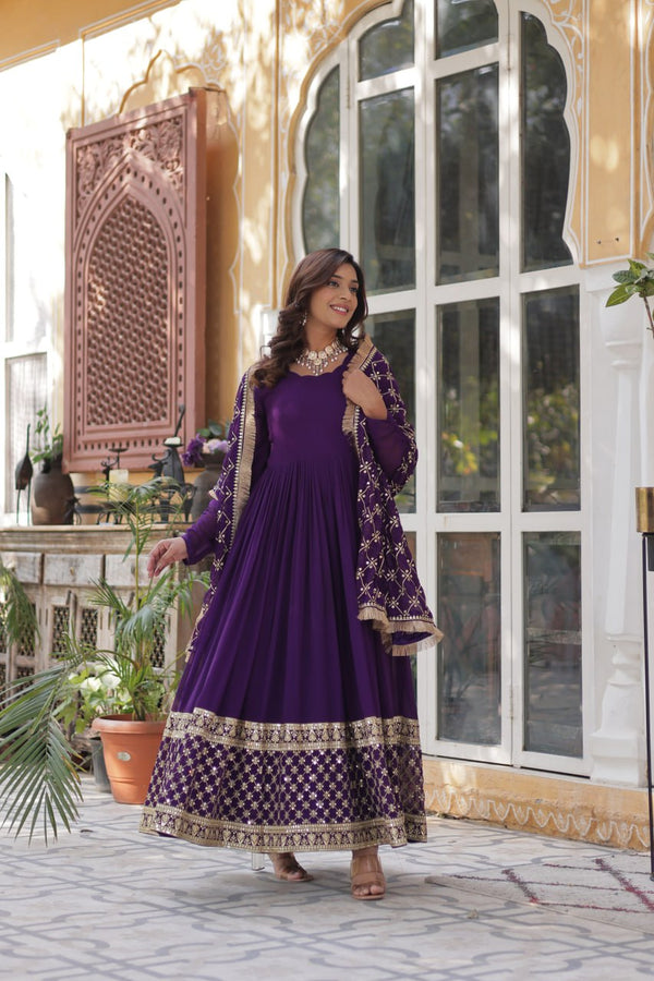 Purple Regal Bloom – Embroidered Zari Sequins Gown Set ClothsVilla