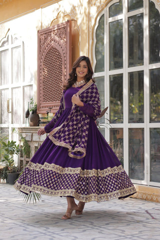 Purple Regal Bloom – Embroidered Zari Sequins Gown Set ClothsVilla
