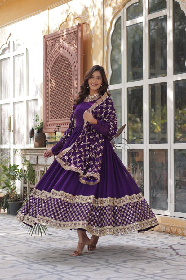 Purple Regal Bloom – Embroidered Zari Sequins Gown Set ClothsVilla