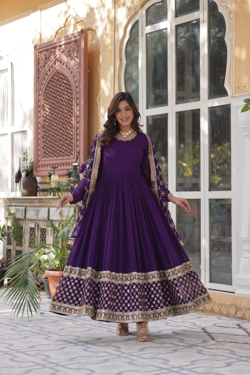 Purple Regal Bloom – Embroidered Zari Sequins Gown Set ClothsVilla